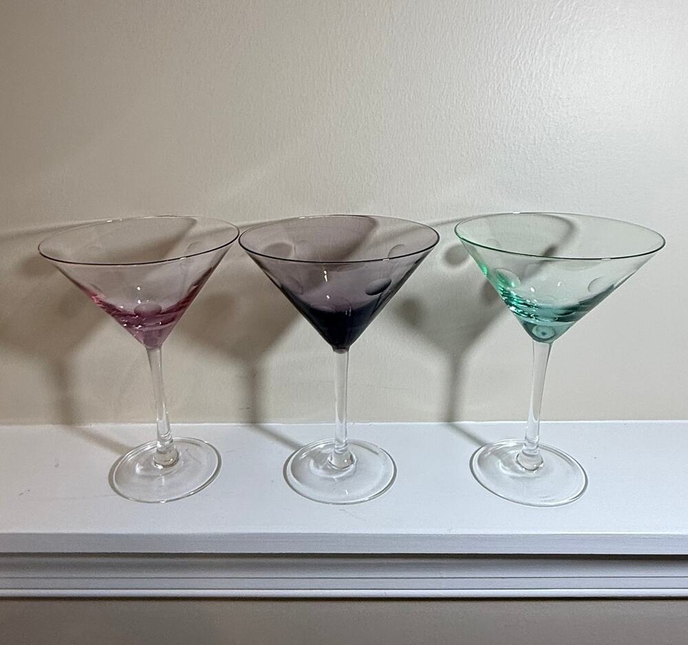 Ars Mundi Hand Blown Art Glass Martini Glasses Set of 3 Pink Purple Aqua